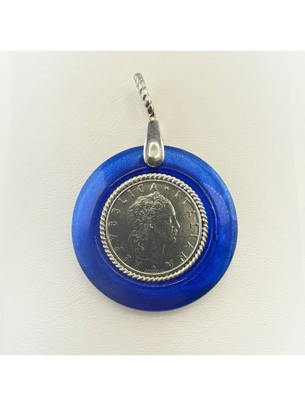 Milor Pendant Coin Italy Sterling Silver Cobalt Blue Art Glass 925 Necklace 2.5"